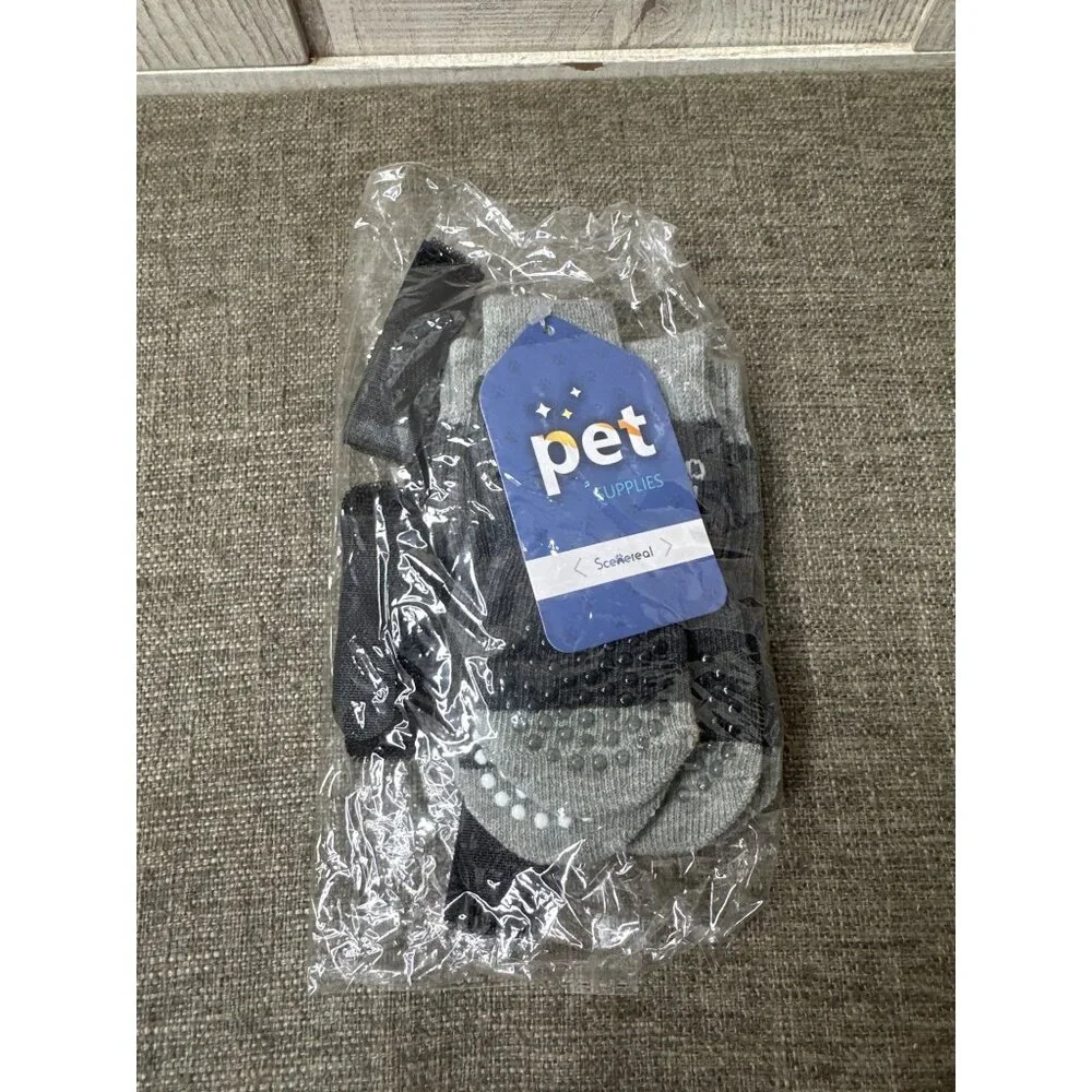Anti-Slip Dog Socks With Straps Grey & White Paw Print Design Adj Hook & Loop